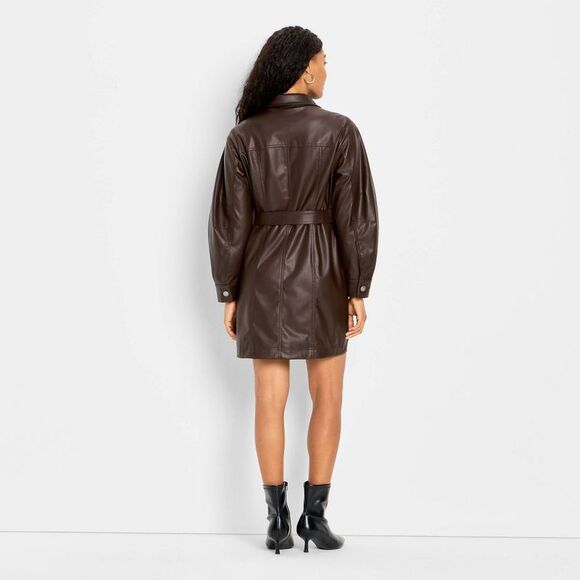 Future Collective - Women's Long Sleeve Faux Leather Mini Shirtdress - Brown - Picture 2 of 3